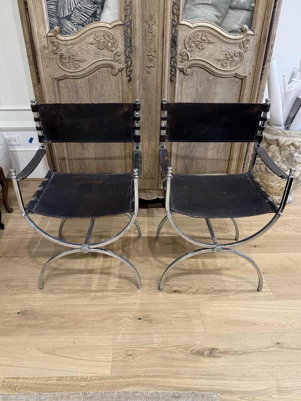 Pair of Black Leather Savonarola Chairs