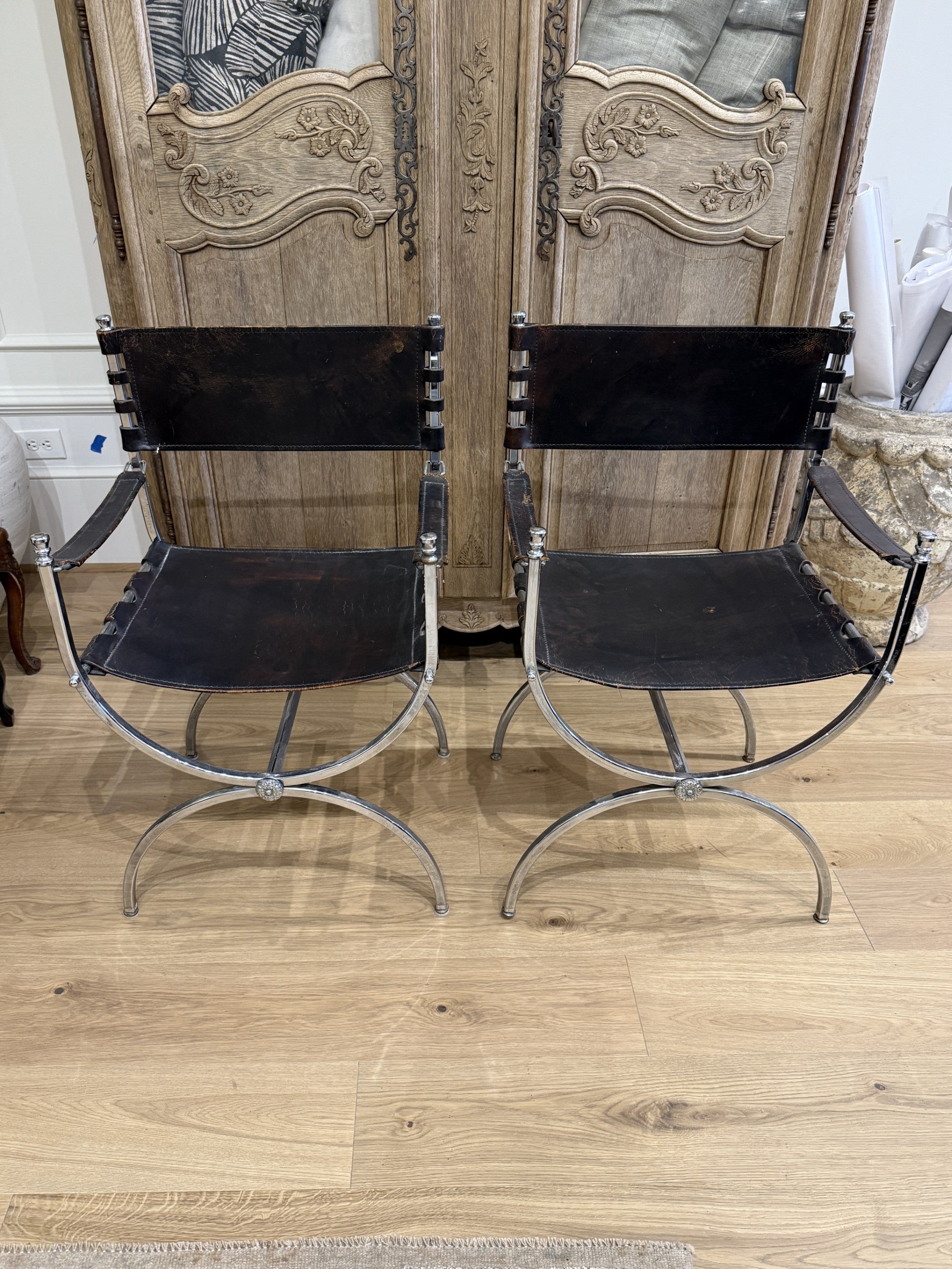 Pair of Black Leather Savonarola Chairs