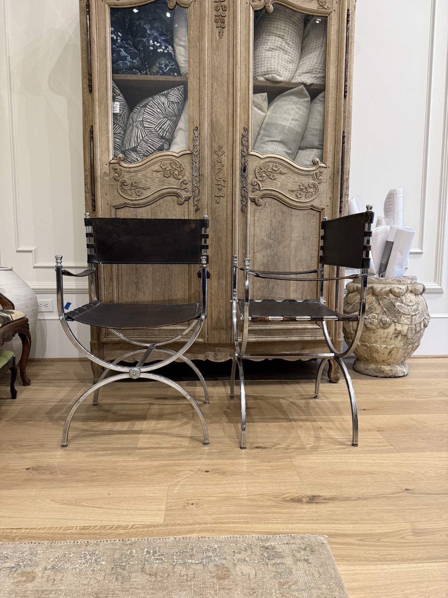 Pair of Black Leather Savonarola Chairs