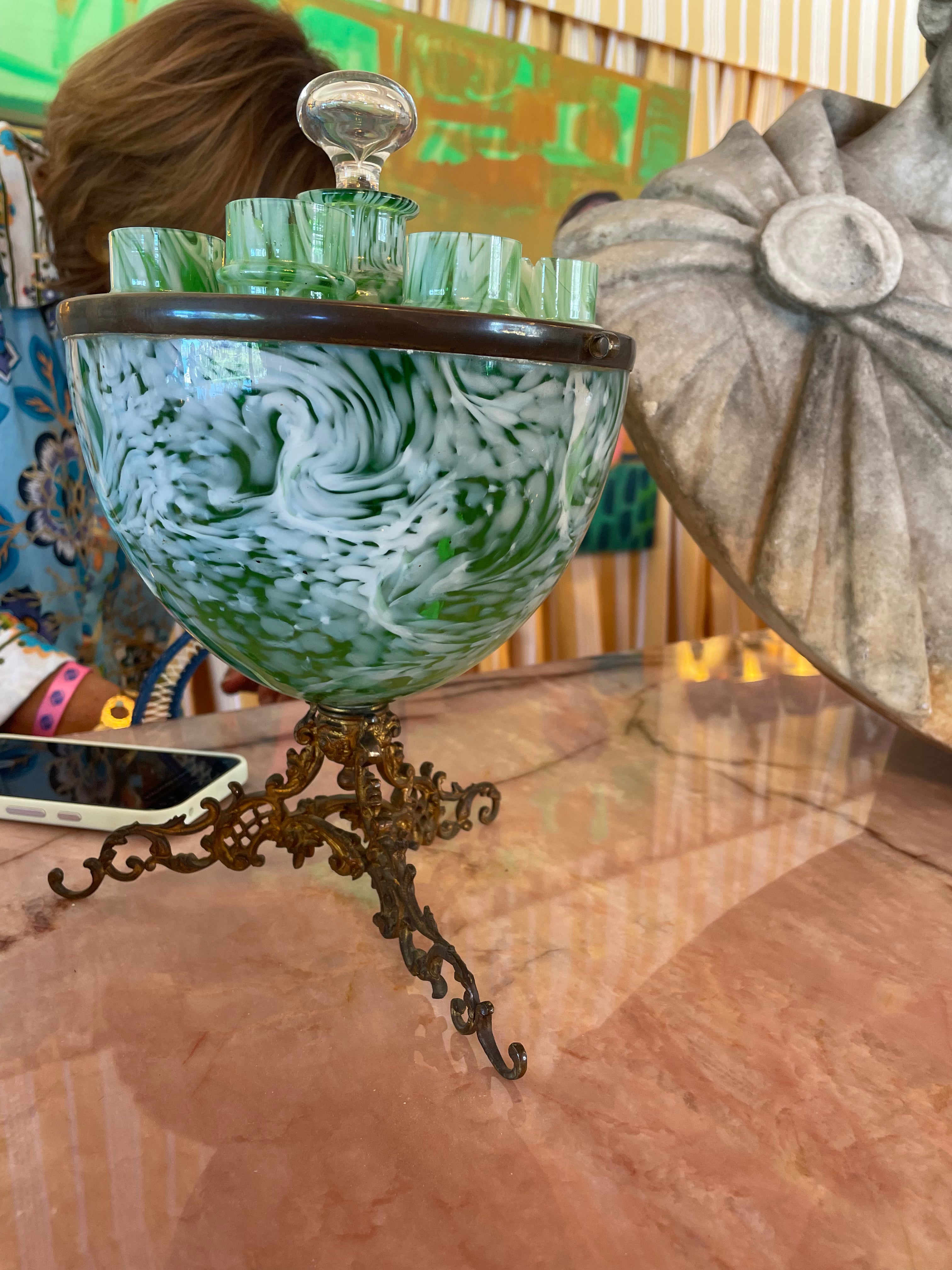 Emerald Blown Glass Liquor Service - Spain C 1920