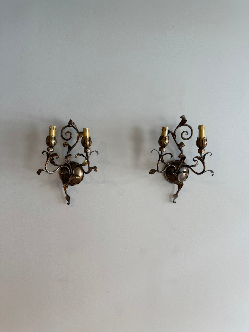Pair of 19th Century Gilded Leaf 2-Arm Sconces