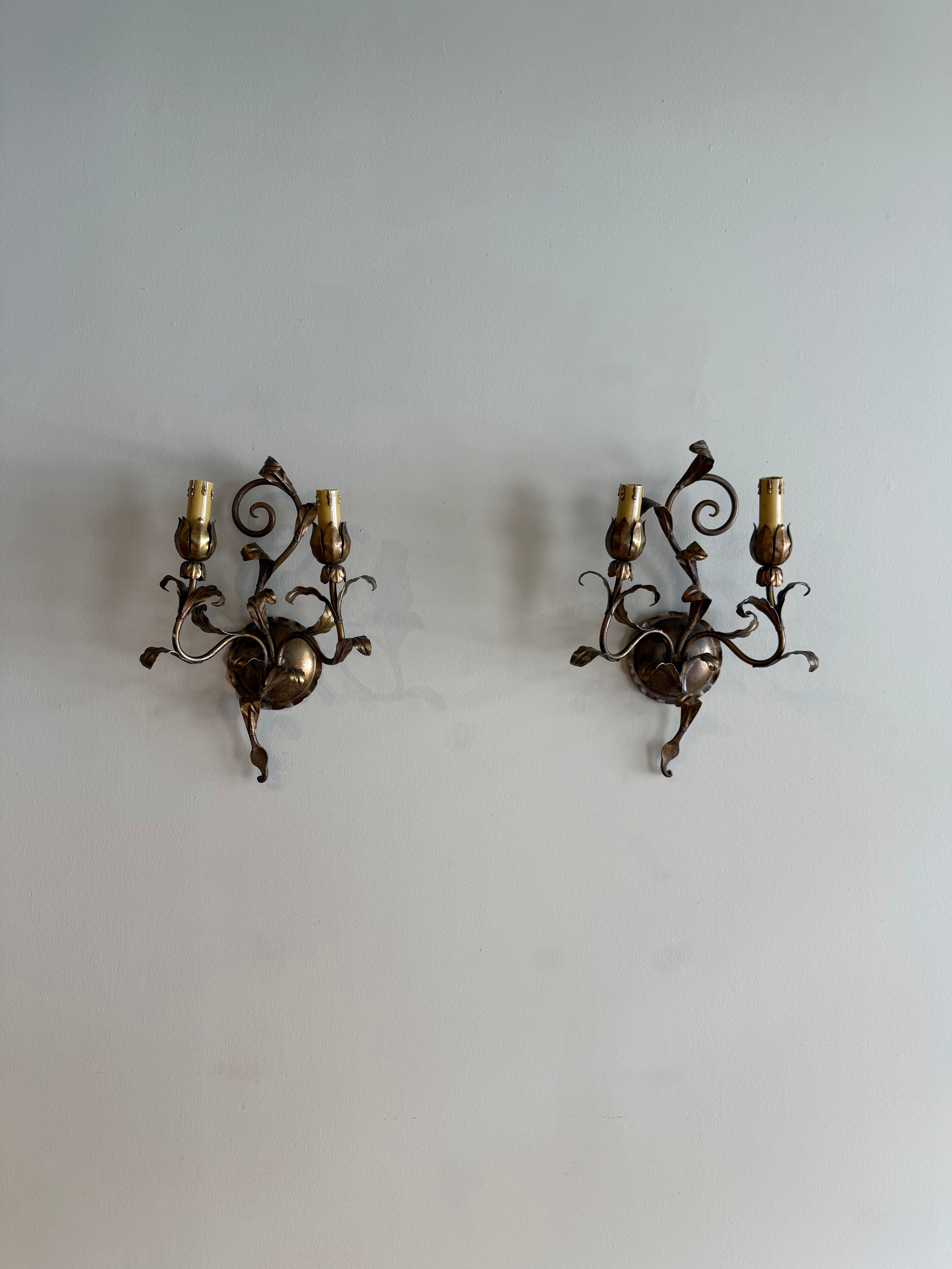 Pair of 19th Century Gilded Leaf 2-Arm Sconces
