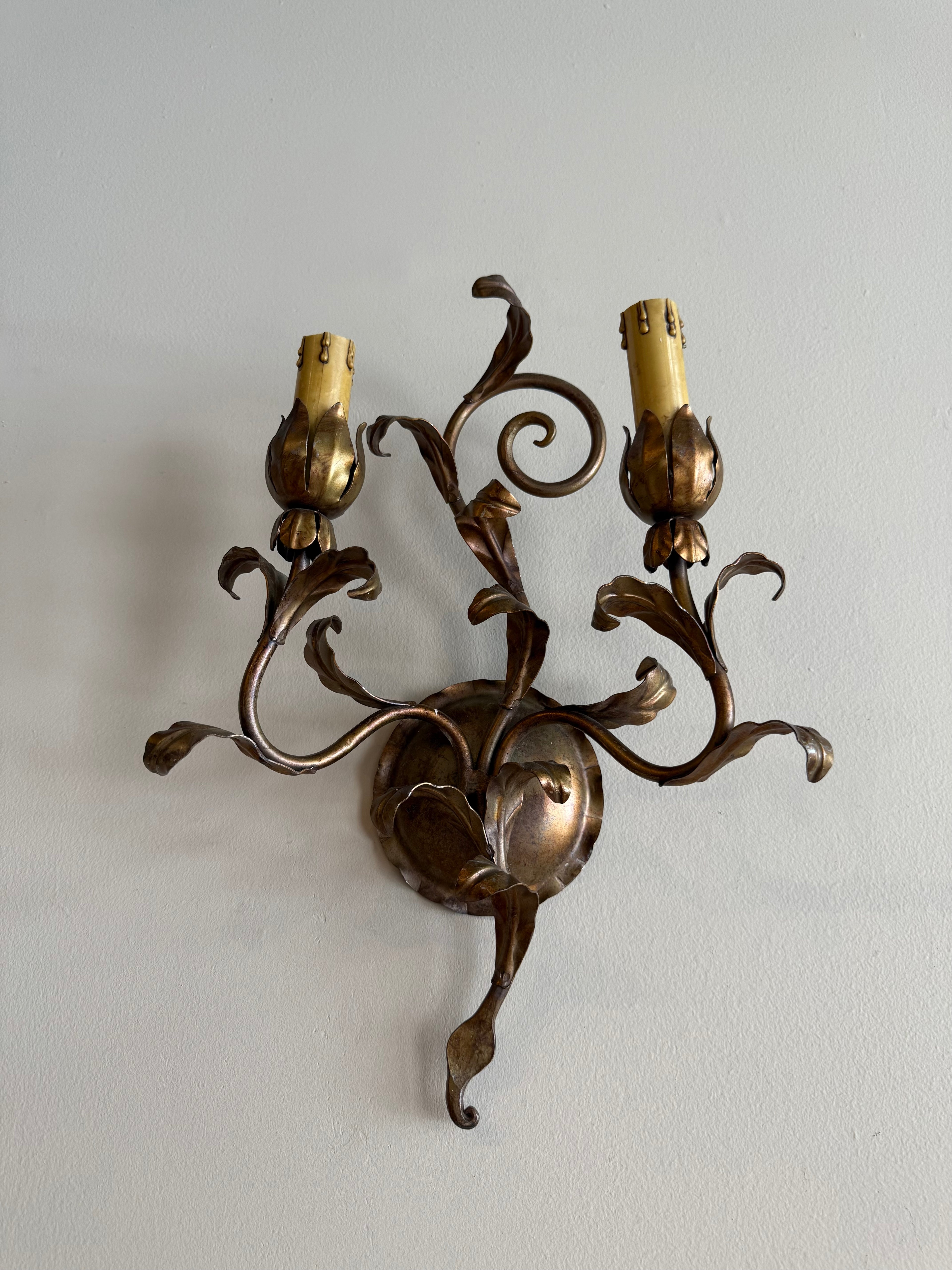 Pair of 19th Century Gilded Leaf 2-Arm Sconces