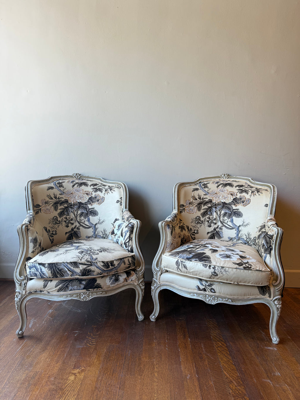Pair of Floral Antique Louis XV Lounge Chairs