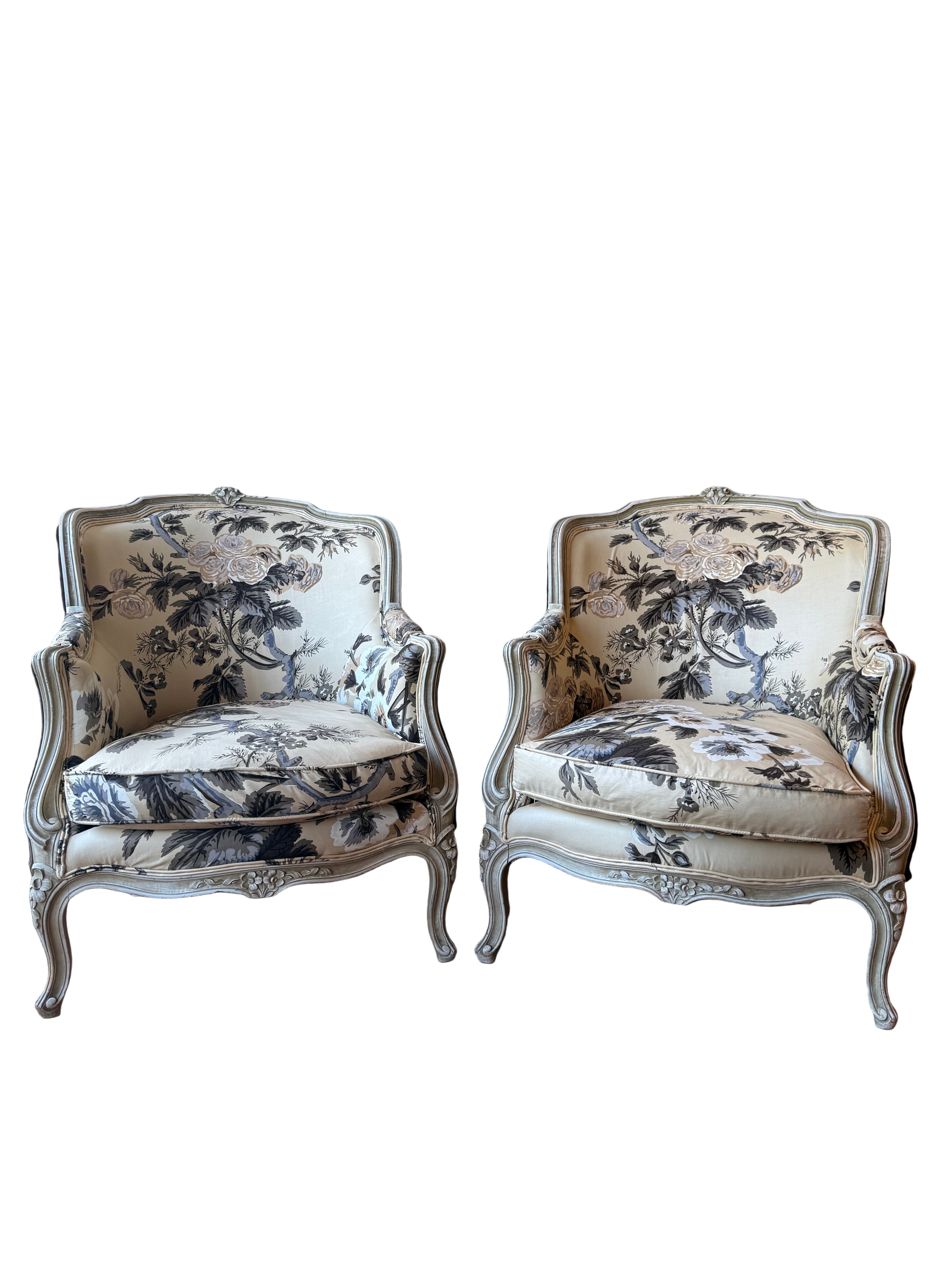 Pair of Floral Antique Louis XV Lounge Chairs
