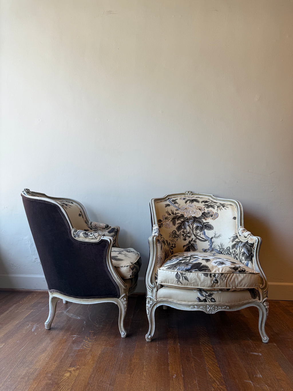 Pair of Floral Antique Louis XV Lounge Chairs