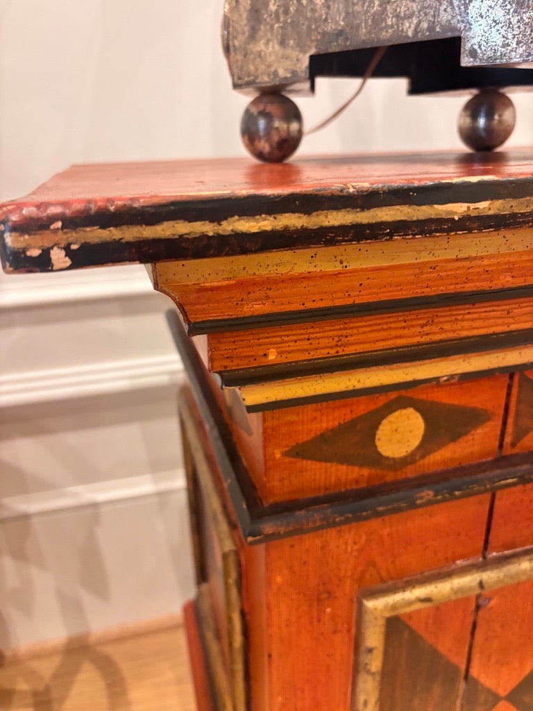 Antique Painted Wood Pedestal Stand with Geometric Motif