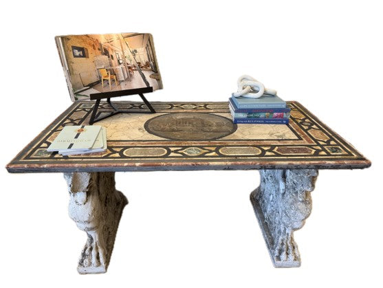 Italian Pietra Dura Marble Inlay Table with Ornate Carved Stone Pedestal Base