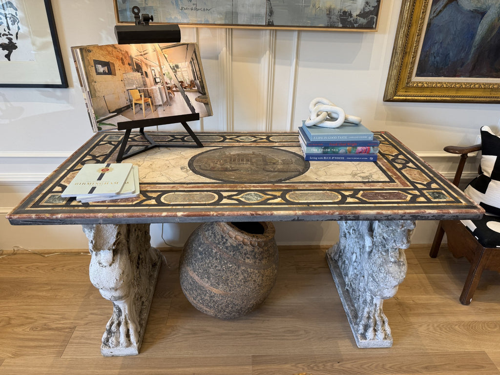 Italian Pietra Dura Marble Inlay Table with Ornate Carved Stone Pedestal Base