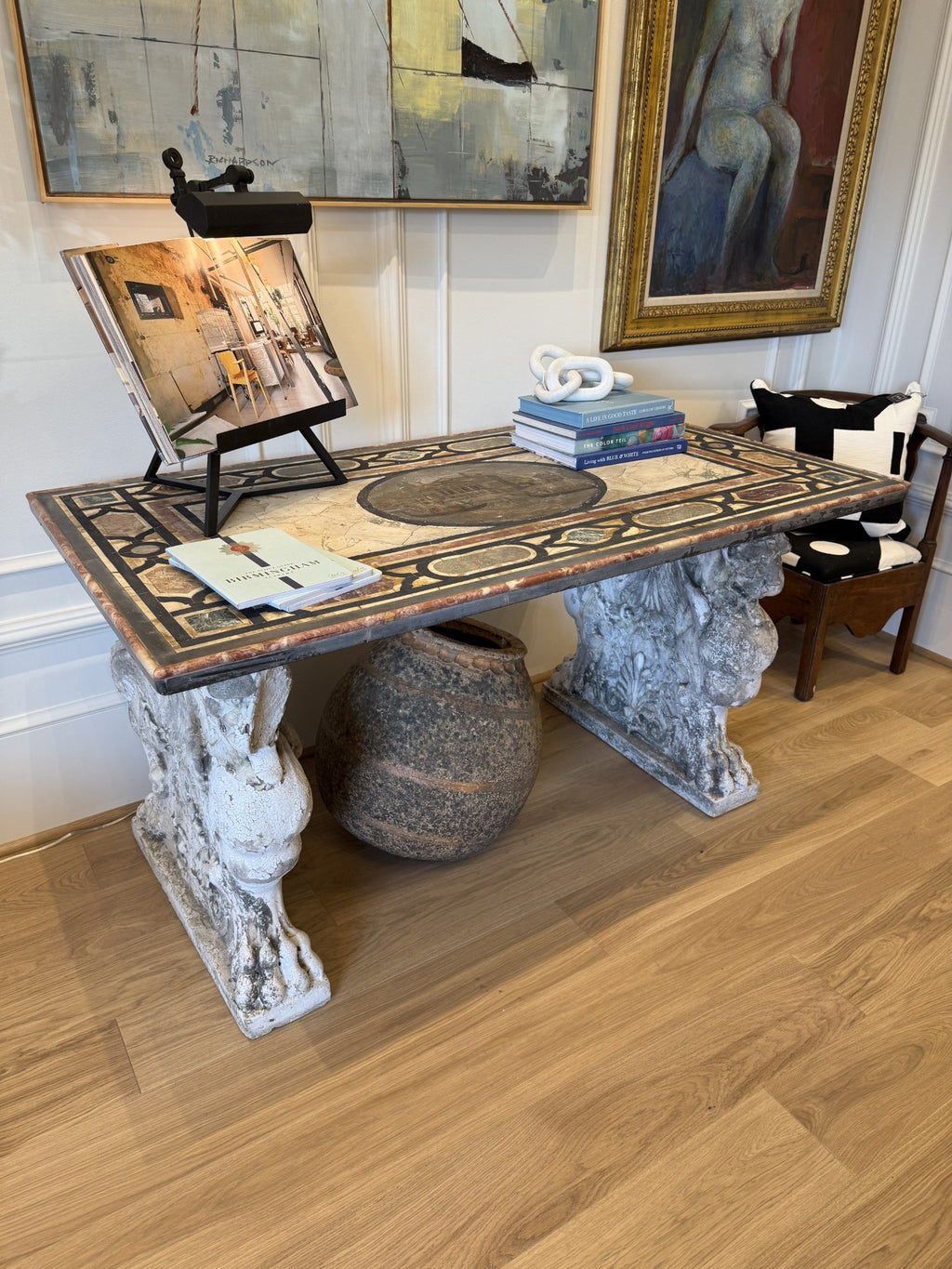 Italian Pietra Dura Marble Inlay Table with Ornate Carved Stone Pedestal Base