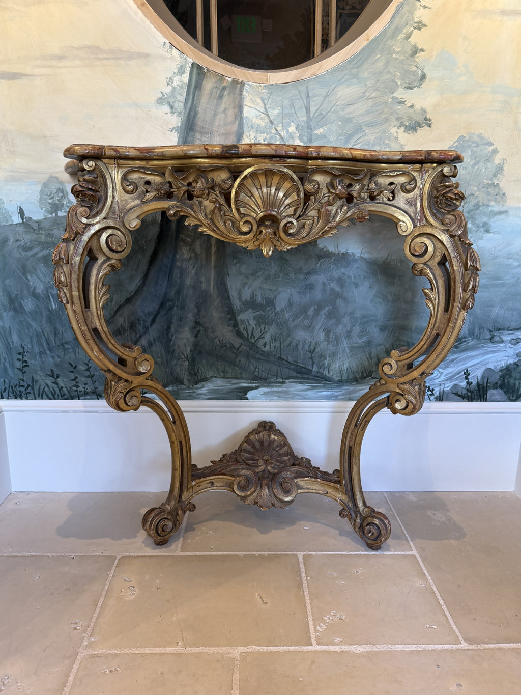 Italian Rococo Style Giltwood Console Table with Rosso Verona Marble Top