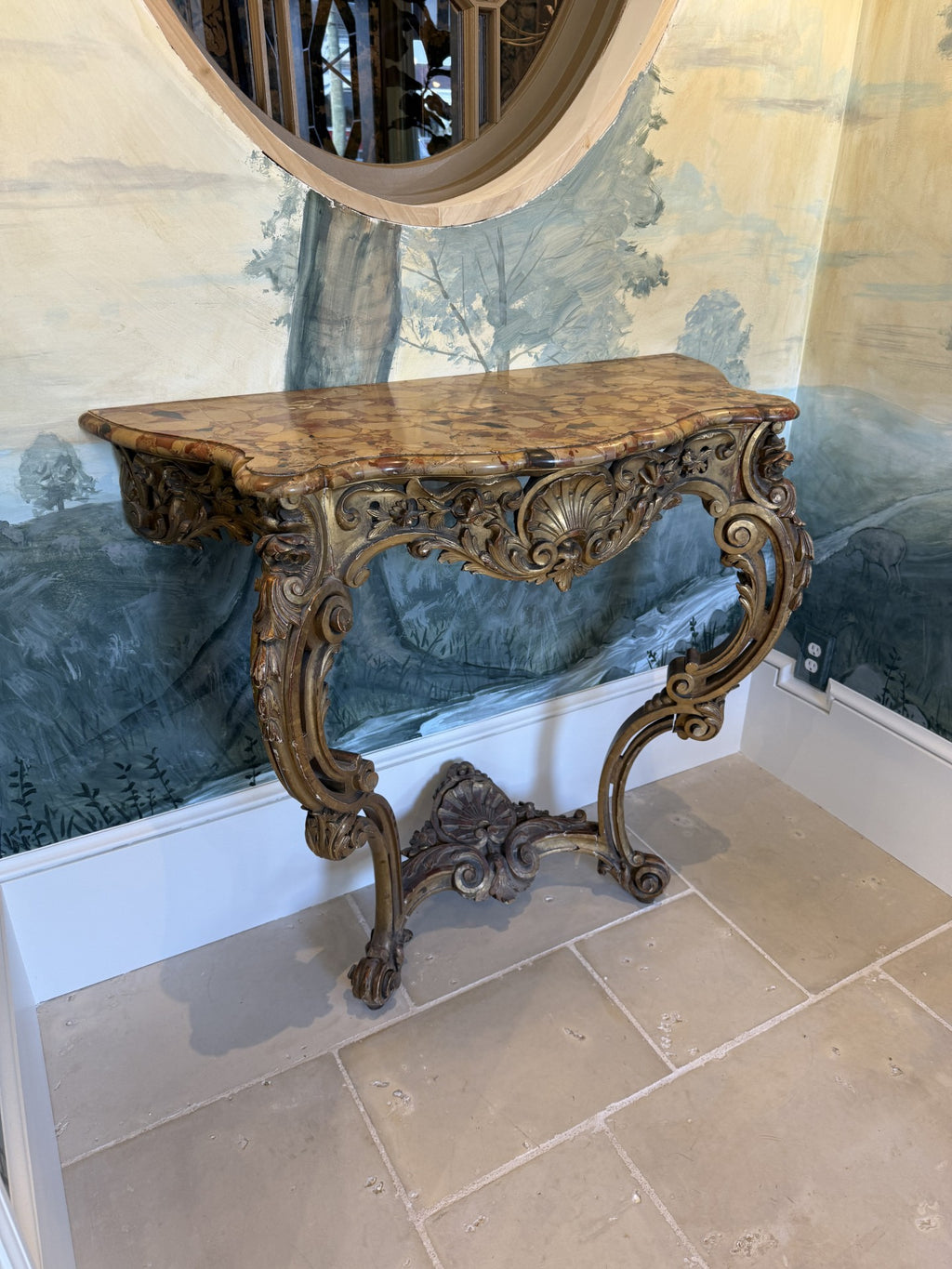Italian Rococo Style Giltwood Console Table with Rosso Verona Marble Top