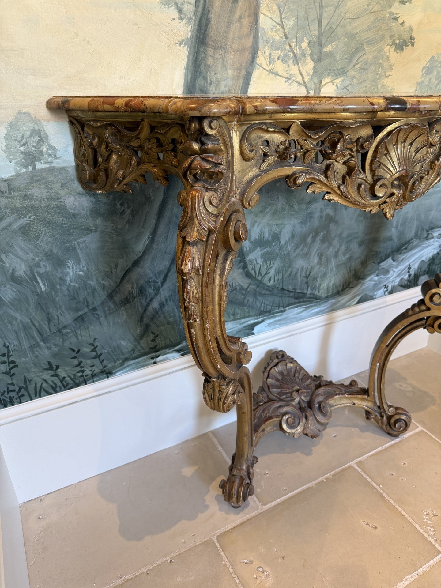 Italian Rococo Style Giltwood Console Table with Rosso Verona Marble Top