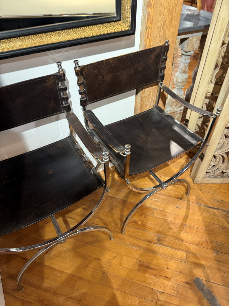 Pair of Black Leather Savonarola Chairs