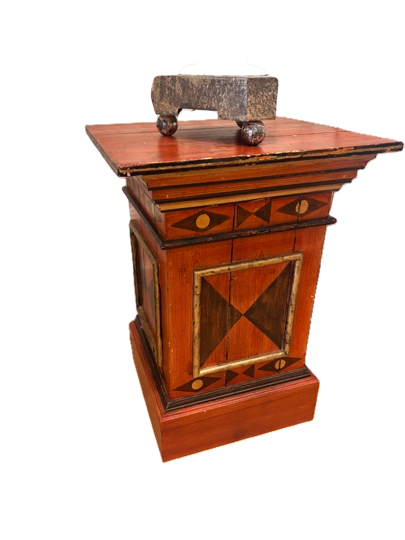 Antique Painted Wood Pedestal Stand with Geometric Motif