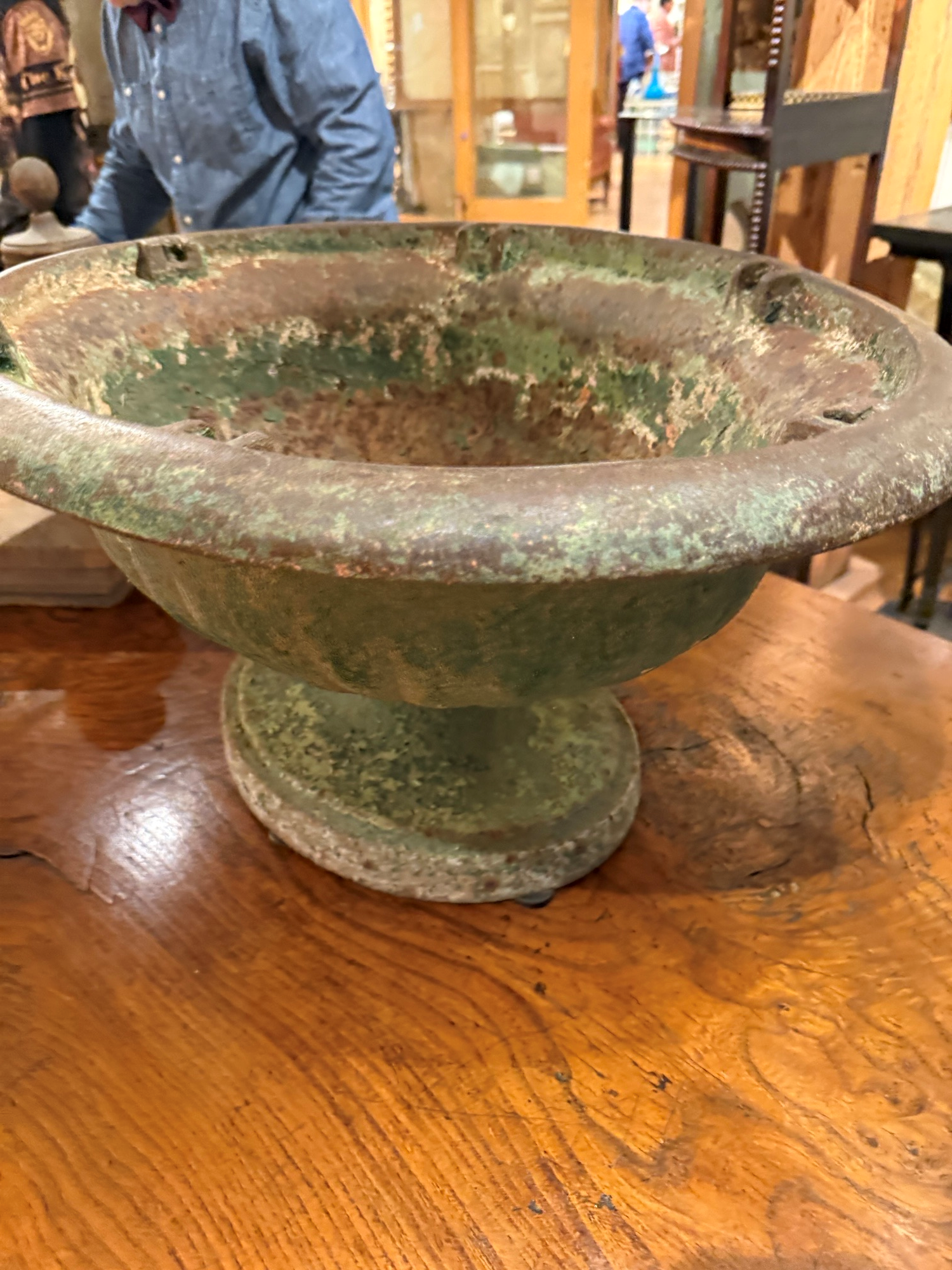 Antique Cast Iron Garden Urn with Aged Patina - Green