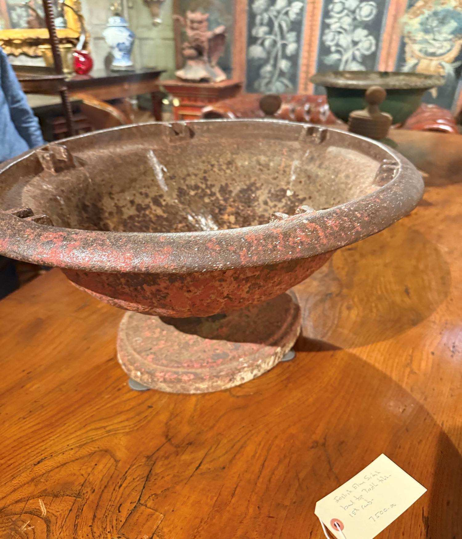 Antique Cast Iron Garden Urn with Aged Patina - Red