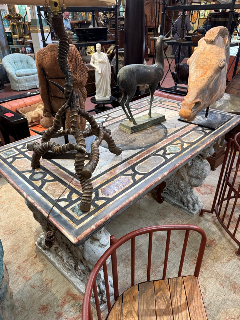 Italian Pietra Dura Marble Inlay Table with Ornate Carved Stone Pedestal Base